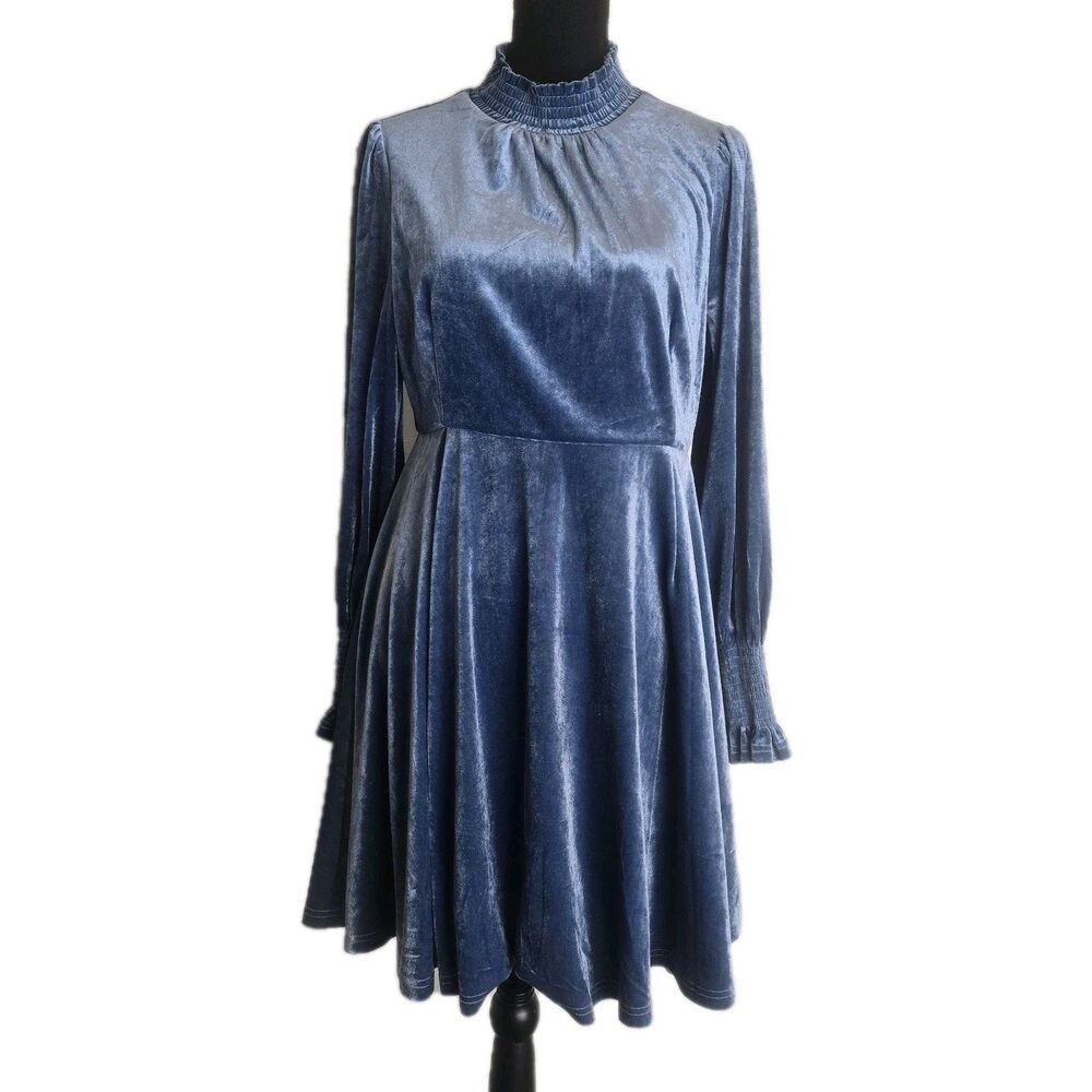 Baltic Born Blue Velvet Mock Neck Long Sleeve Dress Size Large Knee Length
